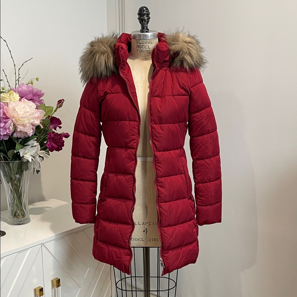 NWT Burgundy Red Puffer Coat with Faux Fur Trim and Full Lining